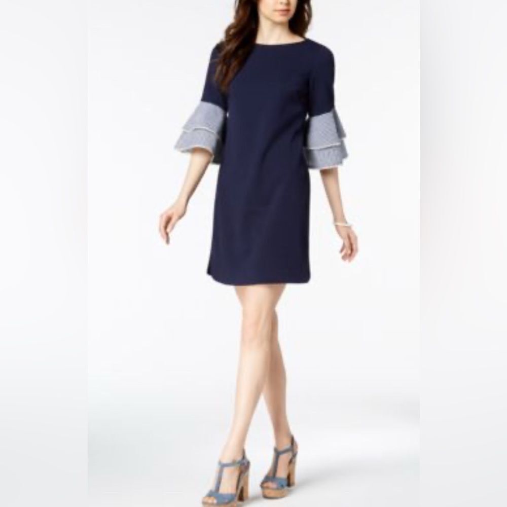 Jessica Howard Dress Navy Blue Shift Gingham Ruffle Fall Boho Work D8